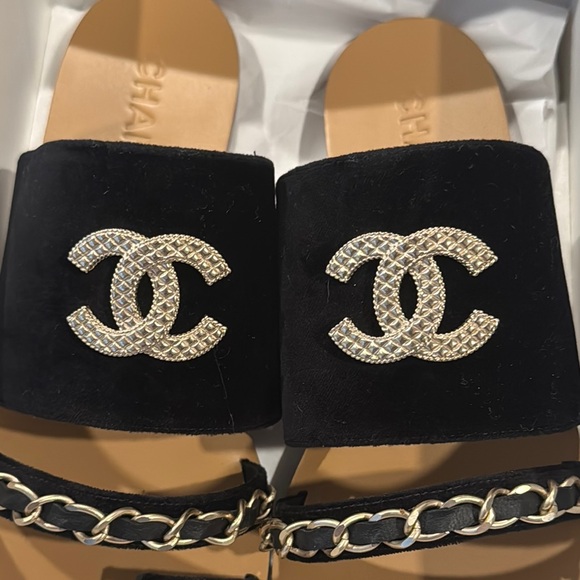 Chanel Chain AUTHENTIC Mule Black Tan Women's Sandals Italy NEW Size 42 US 11 ❤️ - Picture 12 of 15